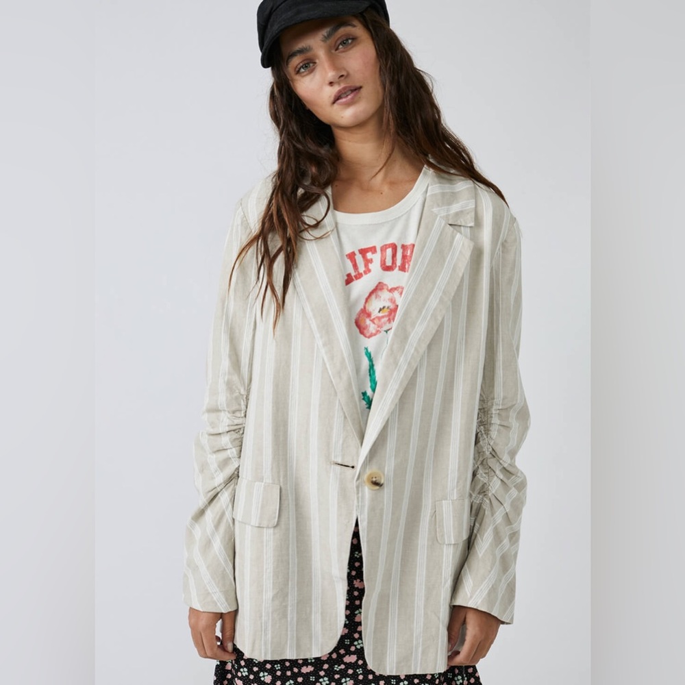 Free People Beige and White Striped Linen Blend Blazer
